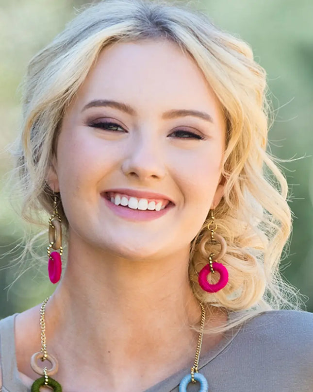 Sachi Bold Whimsy Collection Earrings - Wood, Pink Rings