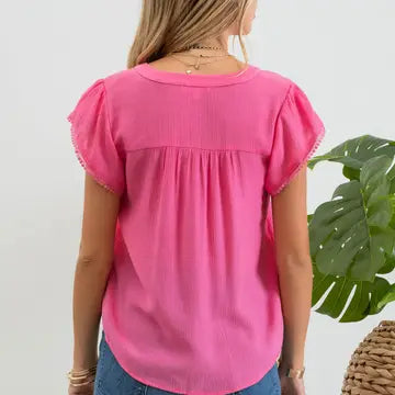 BLU PEPPER Split Neck Petal Tassel Sleeve Blouse