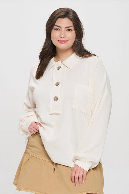 BLU PEPPER Plus Collared Raw Edge Knit Top