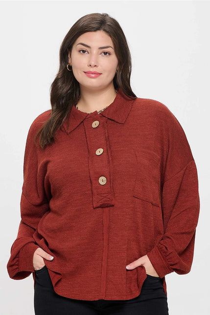 BLU PEPPER Plus Collared Raw Edge Knit Top