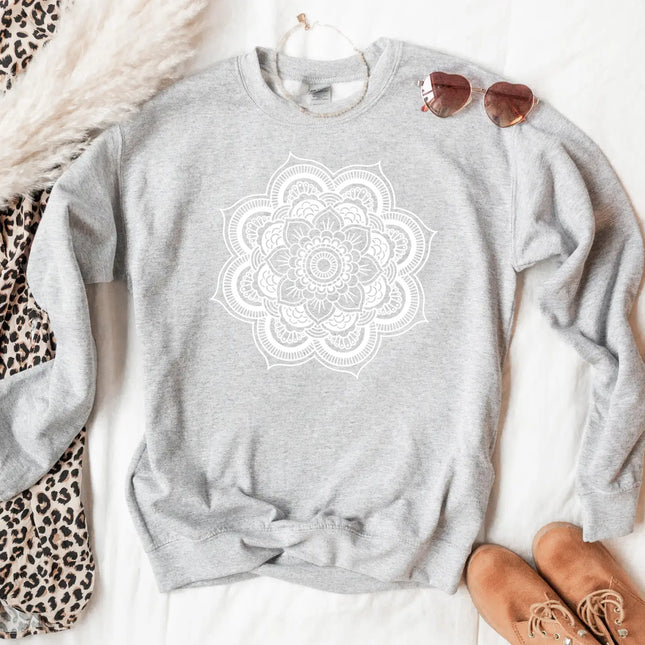 Geo White Mandala Workout Graphic Sweatshirt Yoga - Grey