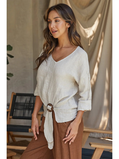 MILIO MILANO Italian Linen Ring Clip Long Sleeve Top