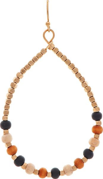 Gold Brown Wood Bead Teardrop Earring