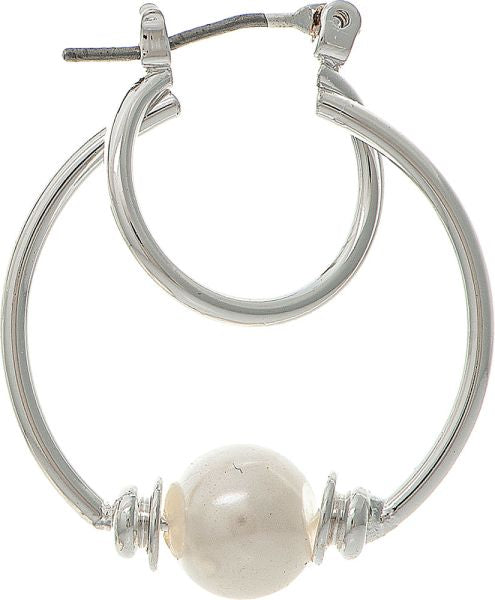 Silver Faux Pearl Double Hoop Earring