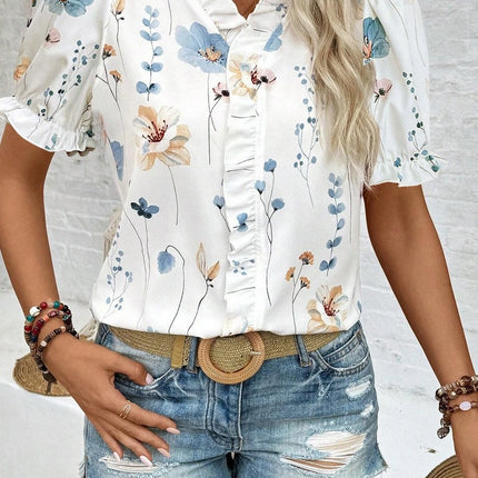 NINEXIS V-Neck Printed Puff Sleeve Shirt