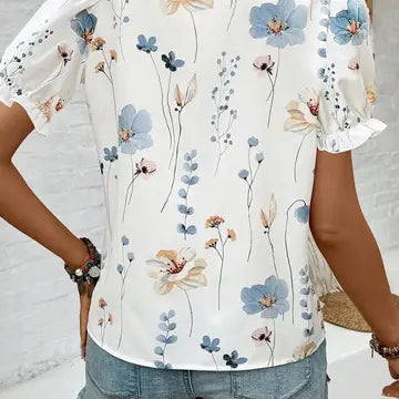 NINEXIS V-Neck Printed Puff Sleeve Shirt