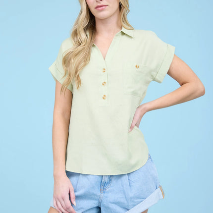 BLU PEPPER Plus Collared Button Down Short Fold Sleeve Top