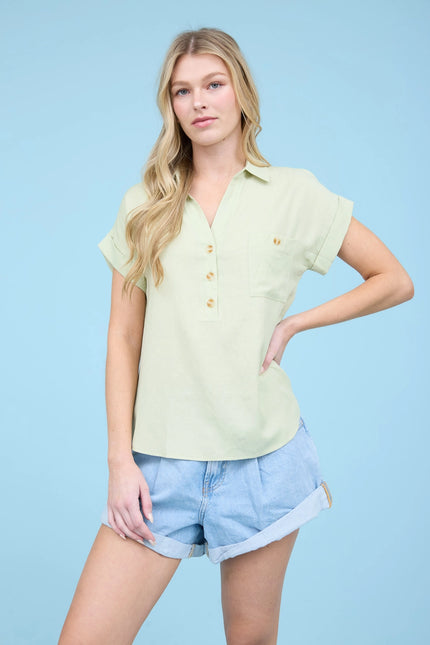BLU PEPPER Plus Collared Button Down Short Fold Sleeve Top