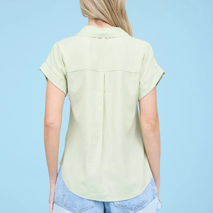 BLU PEPPER Plus Collared Button Down Short Fold Sleeve Top