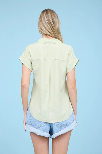 BLU PEPPER Plus Collared Button Down Short Fold Sleeve Top