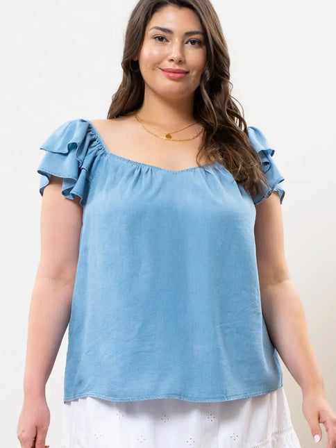 BLU PEPPER Plus Chambray Ruffle Sleeve Top
