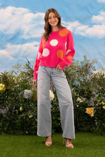BLU PEPPER Polka Dot Crew Neck Knit Pullover Sweater