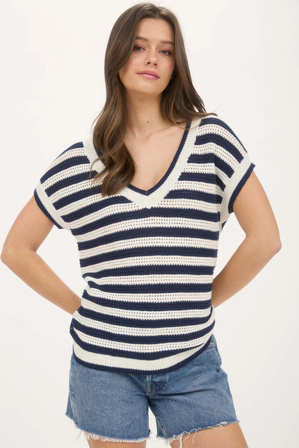 BLU PEPPER Stripe V Neck Crochet Knit Short Sleeve Sweater