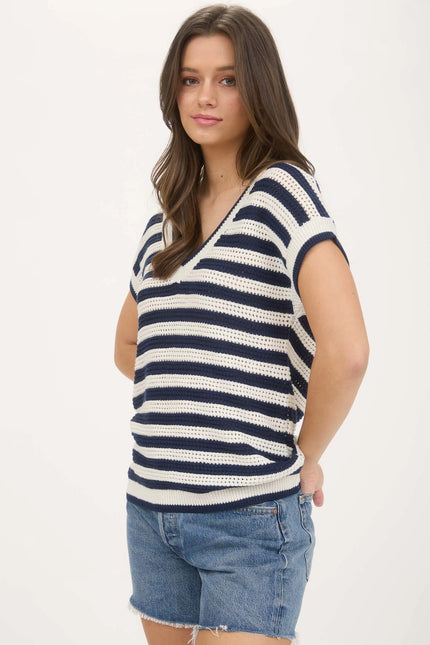 BLU PEPPER Stripe V Neck Crochet Knit Short Sleeve Sweater