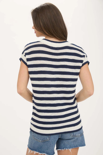 BLU PEPPER Stripe V Neck Crochet Knit Short Sleeve Sweater