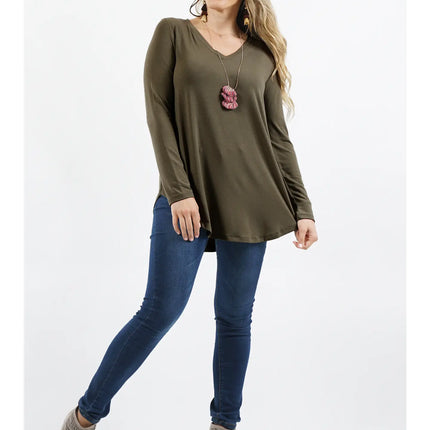 Plus Sized Long Sleeve V-Neck Round Hem Shirt