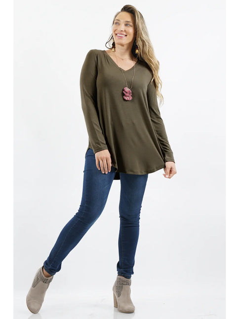 Plus Sized Long Sleeve V-Neck Round Hem Shirt