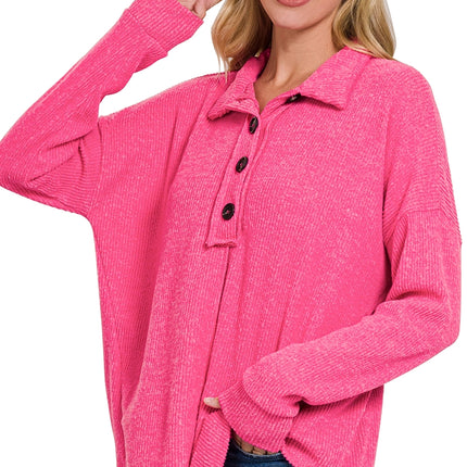 Brushed Ribbed Melange Hacci Collared Button Sweater - Fuchsia