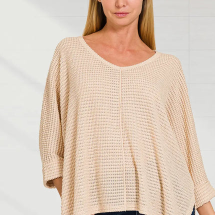 V-Neck Hi-Low Hem Jacquard Sweater - Beige