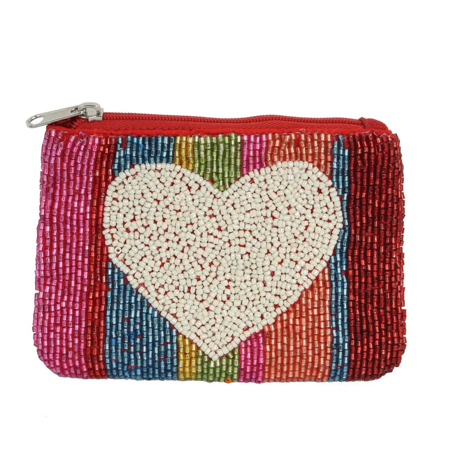 Fully Beaded Rainbow Colored Heart Theme Ladies Coin Purse