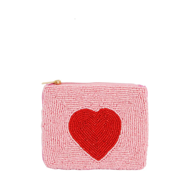 Ladies Fully Beaded Pink Heart Theme Coin Purse