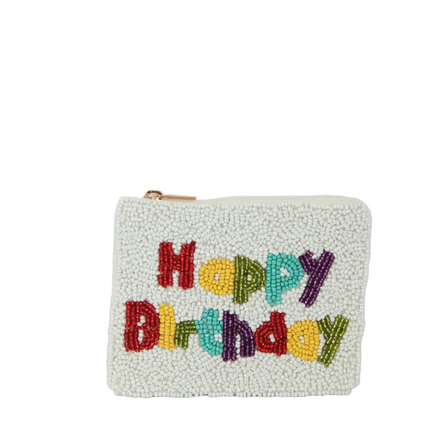 Ladies White Beaded Happy Birthday Coin Purse