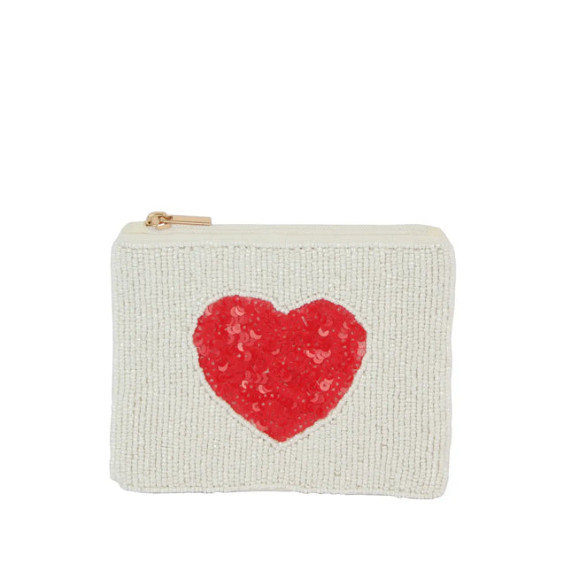 Ladies White Fully Beaded Sequined Red Heart Coin Purse