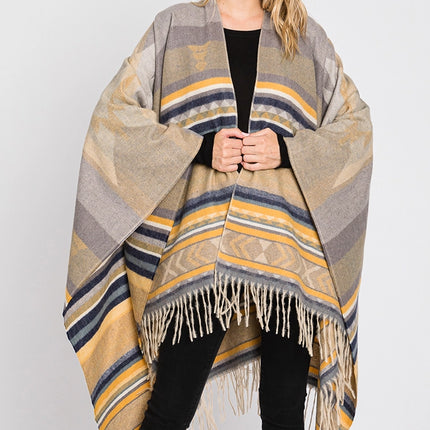 Hana Aztec Pattern Fringe Ruana - Yellow