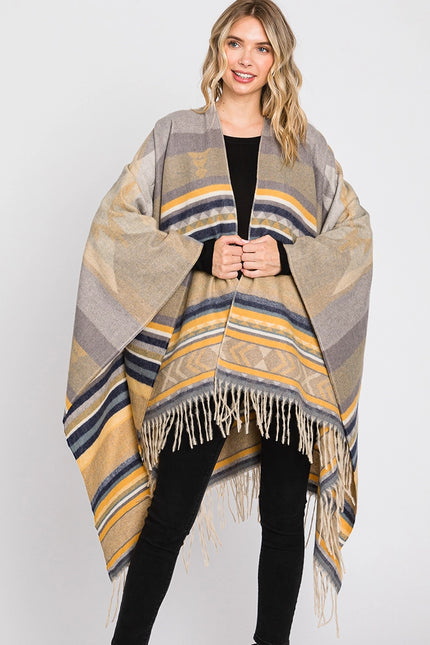 Hana Aztec Pattern Fringe Ruana - Yellow