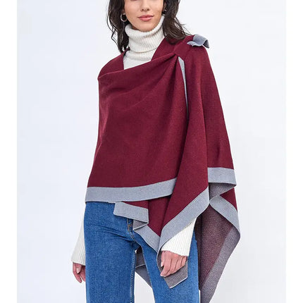 Hana Bordered Ruana with Shoulder Strap - Burgundy
