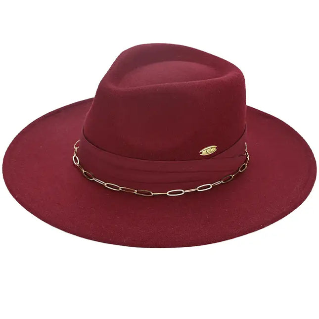 C.C Link Chain and Pleated Wide Band Felt Panama Hat