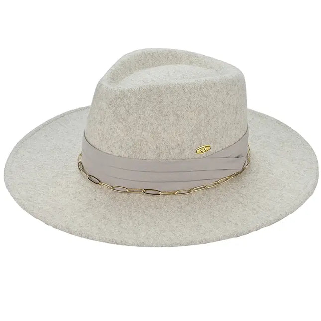 C.C Link Chain and Pleated Wide Band Felt Panama Hat