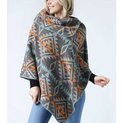 Hana Western Pattern Poncho - Gray