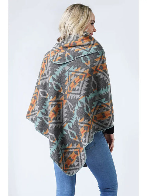 Hana Western Pattern Poncho - Gray