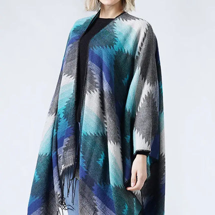 Hana Western Ruana Cape with Tassel - Navy