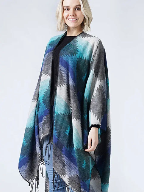 Hana Western Ruana Cape with Tassel - Navy