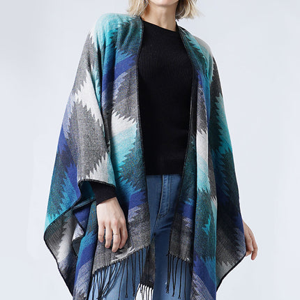 Hana Western Ruana Cape with Tassel - Navy