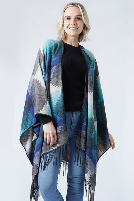 Hana Western Ruana Cape with Tassel - Navy