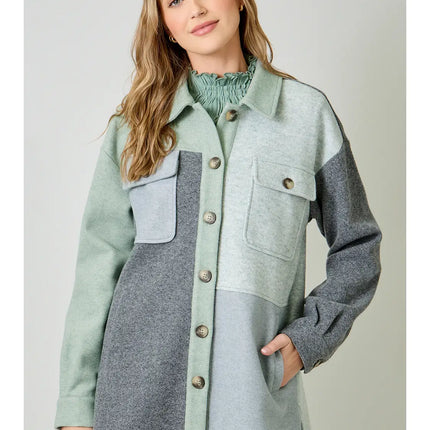 MYSTREE Color Blocked Shacket - Sage Charcoal