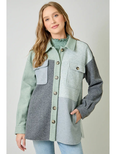 MYSTREE Color Blocked Shacket - Sage Charcoal
