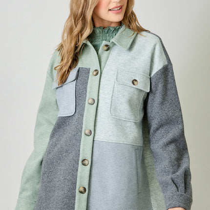 MYSTREE Color Blocked Shacket - Sage Charcoal