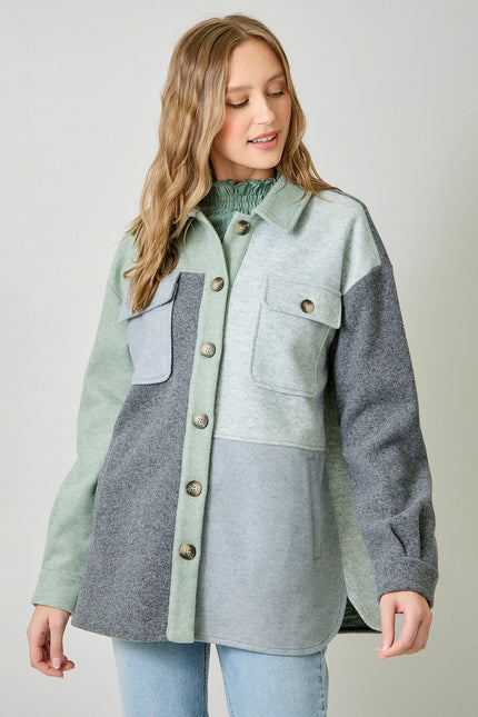 MYSTREE Color Blocked Shacket - Sage Charcoal