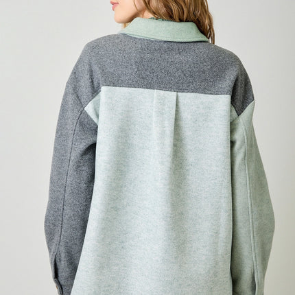 MYSTREE Color Blocked Shacket - Sage Charcoal