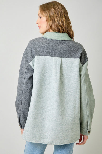 MYSTREE Color Blocked Shacket - Sage Charcoal