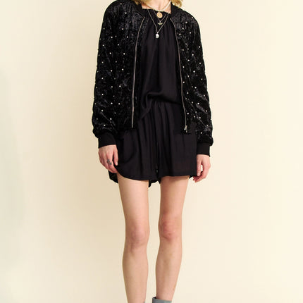 DAVI & DANI Quilted Stone Velvet Exposed Zipper Bomber Jacket