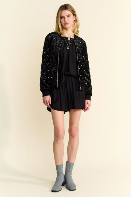 DAVI & DANI Quilted Stone Velvet Exposed Zipper Bomber Jacket