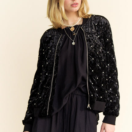 DAVI & DANI Quilted Stone Velvet Exposed Zipper Bomber Jacket