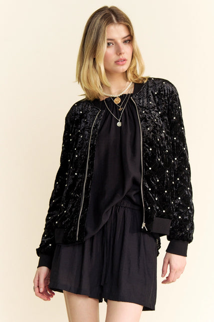 DAVI & DANI Quilted Stone Velvet Exposed Zipper Bomber Jacket