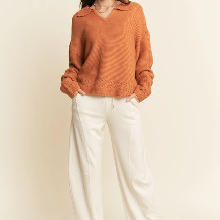 DAVI & DANI Spread Collar V Neck Stitch Relaxed Fit Sweater - Orange Tan