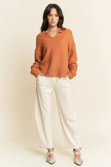 DAVI & DANI Spread Collar V Neck Stitch Relaxed Fit Sweater - Orange Tan